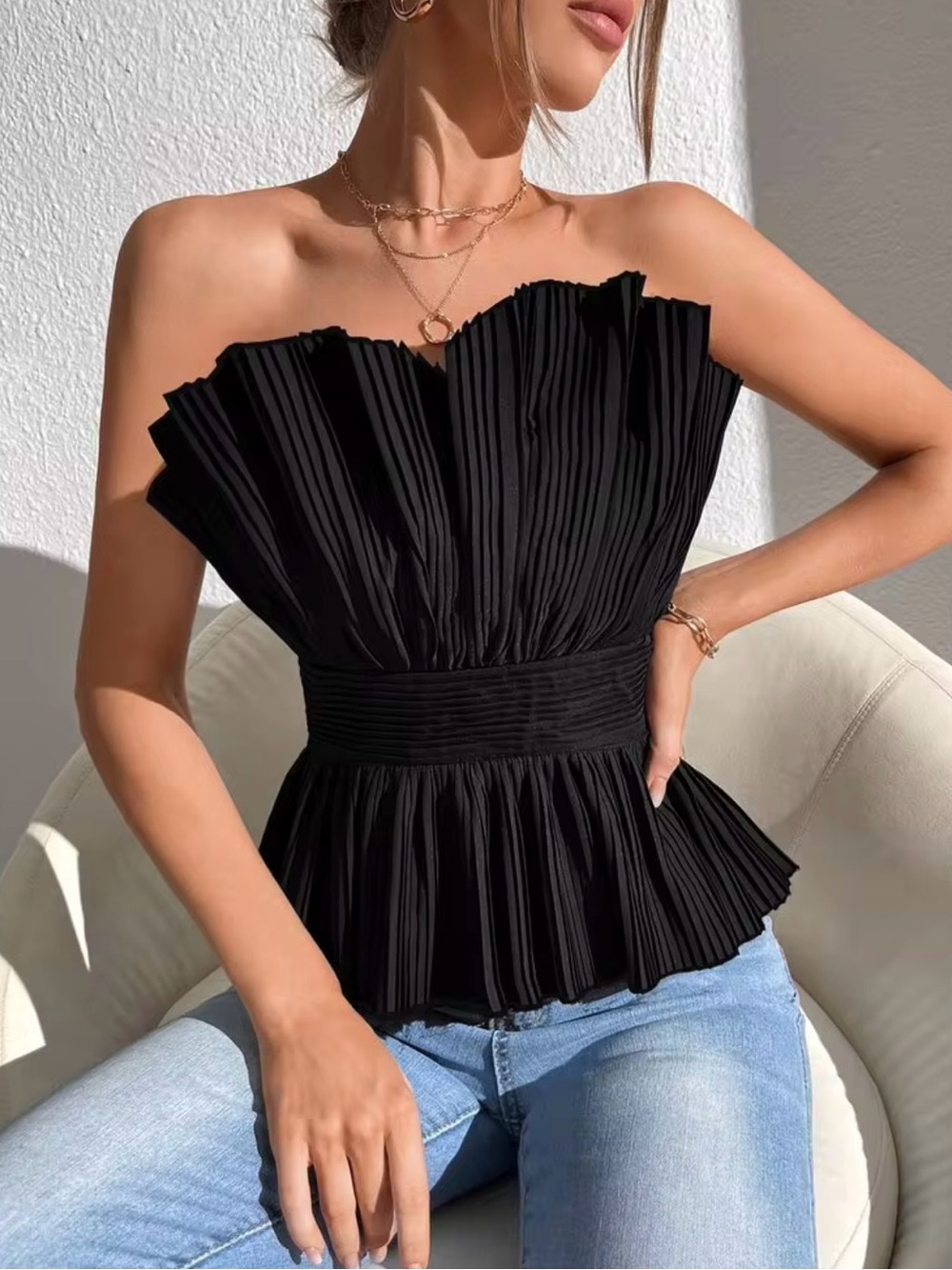 SHEIN Black Pleated Strapless Peplum Camisole